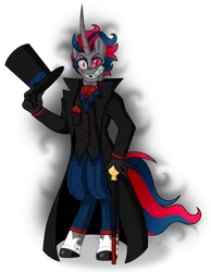 Size: 1560x2008 | Tagged: safe, artist:unoriginai, derpibooru import, oc, unofficial characters only, anthro, unicorn, anthro oc, aura, cane, clothes, crossover, crossover ship offspring, evil grin, grin, hat, image, mismatched eyes, offspring, parent:black hat (villainous), parent:princess celestia, png, simple background, smiling, top hat, transparent background