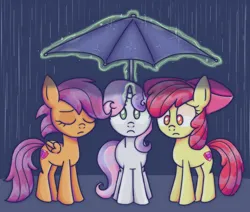 Size: 1000x849 | Tagged: safe, artist:felicitea, derpibooru import, apple bloom, scootaloo, sweetie belle, earth pony, pegasus, pony, unicorn, cutie mark crusaders, image, jpeg, rain, umbrella