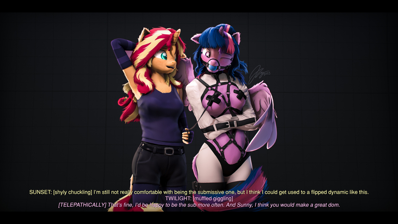 Size: 9600x5400 | Tagged: questionable, artist:imafutureguitarhero, derpibooru import, sci-twi, sunset shimmer, twilight sparkle, alicorn, anthro, classical unicorn, pony, unicorn, series:twilight's sexual deviancy, 3d, absurd file size, absurd resolution, adorkable, alicornified, arm behind head, arm fluff, arm freckles, armpit fluff, armpits, ballgag, bdsm, belly fluff, belt, belt buckle, belts, black bars, blushing, bondage, boob freckles, bound, bound and gagged, breast fluff, breasts, bridle, cheek fluff, chest fluff, chest freckles, chromatic aberration, chuckle, clothes, clothes swap, cloven hooves, collar, colored eyebrows, colored eyelashes, colored wings, covered nipples, cute, cute porn, derpibooru exclusive, dialogue, domset, dork, drool, drool on face, duo, ear fluff, ear freckles, evening gloves, exposed belly, exposed breasts, female, femsub, film grain, fingerless elbow gloves, fingerless gloves, floppy ears, fluffy, fluffy hair, fluffy mane, fluffy tail, freckles, fur, gag, giggling, gloves, happy, happy bondage, harness, harness ballgag, harness gag, horn, image, jpeg, laughing, leash, leonine tail, letterboxing, long gloves, long hair, long mane, looking at someone, looking down, mare, muffled laughter, multicolored hair, multicolored mane, multicolored tail, nose wrinkle, one ear down, one eye closed, open mouth, paintover, panties, pants, pasties, peppered bacon, race swap, reasonably sized breasts, revamped anthros, revamped ponies, role reversal, scitwilicorn, shoulder freckles, signature, smiling, socks, source filmmaker, stage.bsp, straitjacket, straps, striped gloves, striped socks, submissive, subtitles, tack, tail, tail fluff, tanktop, telepathy, text, twiabetes, twisub, two toned wings, underwear, unshorn fetlocks, wall of tags, wholesome, wing fluff, wing freckles, wings, wink