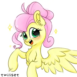 Size: 1080x1080 | Tagged: safe, artist:twiliset, derpibooru import, fluttershy, pegasus, pony, alternate hairstyle, beautiful, blushing, chest fluff, cute, ear fluff, female, furry, half body, image, looking at you, mare, new hairstyle, open mouth, open smile, png, red face, simple background, smiling, smiling at you, solo, spread wings, stars, white background, wings