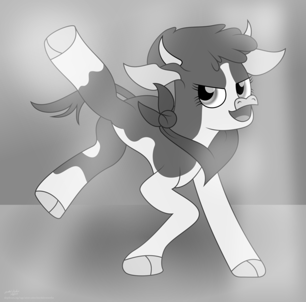 Size: 3680x3623 | Tagged: safe, artist:lincolnbrewsterfan, derpibooru import, cow, them's fightin' herds, .svg available, >:d, arizona (tfh), bandana, bipedal, clothes, cloven hooves, commission, community related, derpibooru exclusive, determination, determined, determined face, determined look, determined smile, fanart, female, floor, game, glow, glowing eyes, gradient background, gray, gray background, grayscale, highlights, horns, image, inkscape, kicking, lights, looking at you, monochrome, nc-tv signature, open mouth, png, prancing, scarf, shadow, show accurate, signature, simple background, smiling, smiling at you, solo, standing on two hooves, vector, website