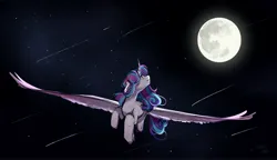 Size: 4194x2420 | Tagged: safe, artist:stellardoodles, derpibooru import, princess flurry heart, alicorn, pony, colored wings, female, floppy ears, flying, full moon, gradient wings, high res, image, jpeg, large wings, looking at something, looking up, mare, moon, night, older, older flurry heart, solo, spread wings, turned head, wings