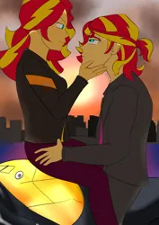 Size: 2480x3508 | Tagged: safe, artist:sh4deshad0w41, derpibooru import, sunset shimmer, human, equestria girls, duo, female, hand on chin, hand on face, hand on hip, image, jpeg, looking at each other, looking at someone, male, motorcycle, rule 63, self paradox, self ponidox, selfcest, shipping, straight, sunglare, sunset glare