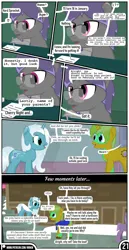 Size: 1519x2942 | Tagged: safe, artist:mrkm, derpibooru import, oc, oc:black writ, oc:electric silver light, oc:hard sprocket, unofficial characters only, pegasus, pony, unicorn, comic:synthesis, dialogue, facial hair, female, glasses, goatee, horn, image, looking at each other, looking at someone, male, mare, open mouth, paper, pegasus oc, pencil, png, snow, speech bubble, stairs, stallion, unicorn oc, unshorn fetlocks, wing hold, wings