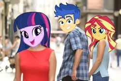 Size: 2500x1667 | Tagged: safe, derpibooru import, flash sentry, sunset shimmer, twilight sparkle, human, equestria girls, angry, distracted boyfriend meme, female, girlfriend, image, jpeg, male, meme, smiling, sunset shimmer is not amused, unamused