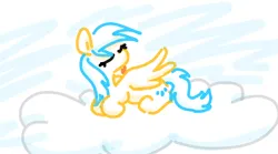 Size: 550x305 | Tagged: safe, artist:algoatall, ponerpics import, sunshower raindrops, pegasus, pony, cloud, female, gartic phone, grooming, image, lying on a cloud, mare, on a cloud, png, preening, simple background, sky, solo, white background