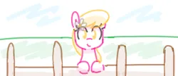 Size: 690x297 | Tagged: safe, artist:somethingatall, ponerpics import, lily, lily valley, earth pony, pony, female, fence, flower, gartic phone, image, looking at you, mare, png, simple background, smiling, white background