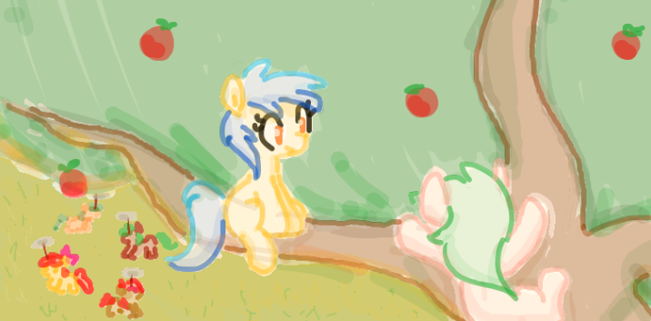 Size: 716x353 | Tagged: safe, artist:somethingatall, ponerpics import, apple bloom, apple flora, apple squash, babs seed, red june, sweet tooth, earth pony, pony, apple family reunion, apple, apple family member, apple tree, climbing, female, filly, food, gartic phone, image, png, tree