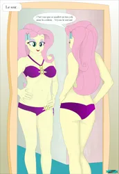 Size: 1249x1813 | Tagged: suggestive, artist:fab3716, derpibooru import, fluttershy, human, comic:epic bikini, comic:epic bikini part 6, equestria girls, bikini, clothes, french, image, jpeg, mirror, solo, swimsuit