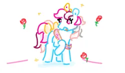 Size: 575x337 | Tagged: safe, artist:somethingatall, ponerpics import, sweet stuff, earth pony, pony, g1, bow, crown, female, flower, gartic phone, happy, image, jewelry, mare, png, raised hoof, regalia, rose, simple background, solo, sparkles, tail bow, white background