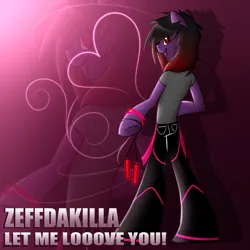 Size: 2500x2500 | Tagged: safe, artist:zeffdakilla, derpibooru import, oc, oc:frankie fang, unofficial characters only, pony, semi-anthro, clothes, emo, glowstick, gradient background, image, looking sideways, male, pants, png, raised hoof, raver, shirt, smiling, solo, song cover, standing