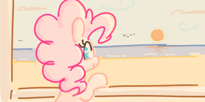 Size: 715x356 | Tagged: safe, artist:algoatall, ponerpics import, pinkie pie, earth pony, pony, beach, female, gartic phone, heart eyes, image, looking at you, looking back, mare, ocean, png, smiling, solo, sunset, wingding eyes