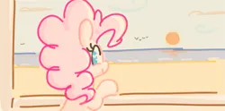 Size: 715x356 | Tagged: safe, artist:somethingatall, ponerpics import, pinkie pie, earth pony, pony, beach, female, gartic phone, heart eyes, image, looking at you, looking back, mare, ocean, png, smiling, solo, sunset, wingding eyes