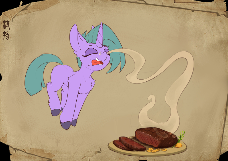 Size: 4749x3358 | Tagged: safe, artist:mushak, derpibooru import, oc, unofficial characters only, pony, unicorn, butt, chest fluff, colored hooves, eyes closed, eyeshadow, female, food, gourmet, hopping, image, jpeg, makeup, mare, meat, plot, ponies eating meat, solo, steak