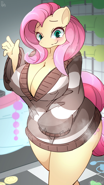 Size: 1080x1920 | Tagged: safe, alternate version, artist:日向大 (hinata), derpibooru import, fluttershy, anthro, pegasus, areola, blushing, bottomless, breasts, cleavage, clothes, female, image, indoors, jpeg, nipples, nudity, partial nudity, smiling, solo, solo female, waving, wingless, wingless anthro