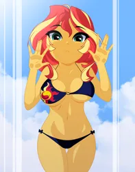 Size: 1432x1814 | Tagged: suggestive, artist:rosemile mulberry, derpibooru import, sunset shimmer, human, equestria girls, belly button, bikini, bikini bottom, bikini top, breasts, busty sunset shimmer, clothes, cloud, image, legs, midriff, outdoors, png, pressed against glass, sky, string bikini, swimsuit, thighs, underboob