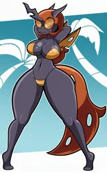 Size: 2000x3200 | Tagged: suggestive, artist:singlesalt, derpibooru import, changeling queen oc, oc, unofficial characters only, anthro, changeling, changeling queen, plantigrade anthro, abstract background, arm behind head, bikini, butt, clothes, female, horn, huge butt, image, jpeg, large butt, smiling, solo, solo female, sunglasses, swimsuit, wasp waist, wings