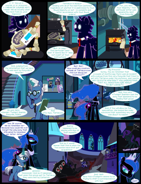 Size: 1042x1358 | Tagged: safe, artist:dendoctor, derpibooru import, cerberus (character), nightmare moon, princess luna, tantabus, oc, oc:nyx, alicorn, bat pony, cerberus, unicorn, comic:queen of tartarus, cake, castle, food, image, jpeg, multiple heads, night guard, scroll, tartarus, three heads