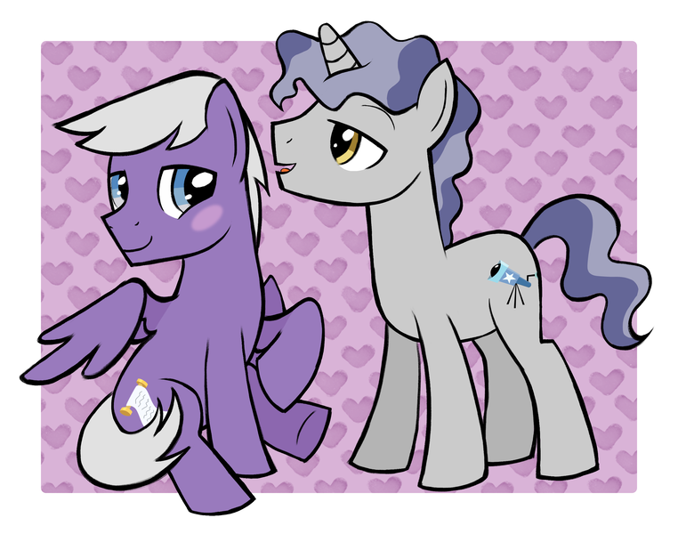 Size: 2650x2086 | Tagged: safe, artist:catachromatic, artist:starshinecelestalis, artist:the smiling pony, derpibooru import, silver script, star bright, pegasus, pony, unicorn, black outlines, blushing, duo, duo male, gay, heart, horn, image, male, open mouth, partially open wings, png, shipping, sitting, smiling, stallion, standing, starscript, talking, tiled background, wings