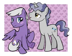 Size: 2650x2086 | Tagged: safe, artist:catachromatic, artist:starshinecelestalis, artist:the smiling pony, derpibooru import, silver script, star bright, pegasus, pony, unicorn, black outlines, blushing, duo, duo male, gay, heart, horn, image, male, open mouth, partially open wings, png, shipping, sitting, smiling, stallion, standing, starscript, talking, tiled background, wings