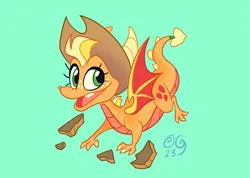 Size: 3579x2551 | Tagged: safe, artist:janegumball, derpibooru import, applejack, dragon, crossover, dragoness, dragonified, dragonjack, female, green background, image, open mouth, open smile, png, simple background, smiling, solo, species swap, spread wings, spyro the dragon (series), wings