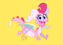 Size: 3579x2551 | Tagged: safe, artist:janegumball, derpibooru import, pinkie pie, dragon, dragoness, dragonified, female, high res, image, open mouth, open smile, pinkiedragon, png, running, simple background, smiling, solo, species swap, spread wings, spyro the dragon (series), wings, yellow background