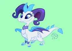 Size: 3579x2551 | Tagged: safe, artist:janegumball, derpibooru import, rarity, dragon, crossover, dragoness, dragonified, female, green background, high res, horns, image, peytral, png, raridragon, simple background, smiling, solo, species swap, spyro the dragon (series)