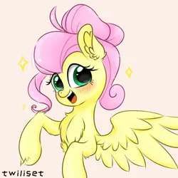 Size: 1080x1080 | Tagged: safe, artist:twiliset, derpibooru import, fluttershy, pegasus, pony, alternate hairstyle, cute, image, looking at you, png, simple background, smiling, smiling at you, solo