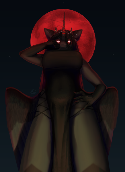 Size: 4000x5500 | Tagged: suggestive, artist:unten, derpibooru import, oc, alicorn, anthro, blood moon, horn, image, moon, night, png, red eyes, sketch, solo, wings