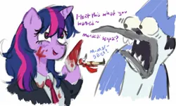 Size: 1405x850 | Tagged: semi-grimdark, artist:kwama_kween, derpibooru import, twilight sparkle, bird, blue jay, pony, unicorn, blood, blood stains, bloody knife, clothes, crossover, crossover shipping, dead, dialogue, female, heart, heart eyes, image, insanity, jpeg, knife, male, mare, margaret, mordecai, mordetwi, regular show, shipping, shocked, simple background, straight, suit, text, white background, wingding eyes, yandere, yanderelight sparkle