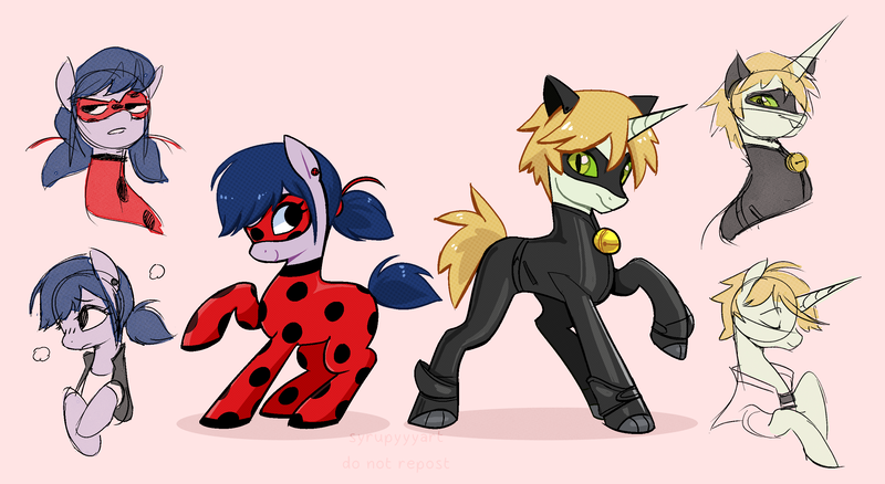 Size: 2658x1455 | Tagged: safe, artist:syrupyyy, derpibooru import, ponified, earth pony, pony, unicorn, adrien agreste, chat noir, clothes, crossover, duo, duo male and female, female, image, jacket, ladybug (miraculous ladybug), male, mare, marinette dupain-cheng, mask, miraculous ladybug, pink background, png, raised hoof, shirt, simple background, stallion, superhero, superhero costume