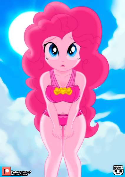 Size: 1414x2000 | Tagged: safe, artist:minusclass, derpibooru import, pinkie pie, human, equestria girls, belly button, bikini, bikini bottom, bikini top, breasts, busty pinkie pie, cleavage, clothes, cloud, concerned, cute, diapinkes, female, image, jpeg, legs, looking at you, midriff, outdoors, patreon, patreon logo, sky, solo, solo female, swimsuit