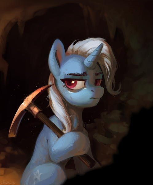 Size: 2526x3043 | Tagged: safe, artist:jewellier, derpibooru import, trixie, pony, unicorn, female, image, mare, mine, pickaxe, png, rock farm, sitting, trixie is not amused, unamused