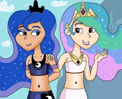 Size: 913x740 | Tagged: safe, artist:ocean lover, derpibooru import, princess celestia, princess luna, human, arm behind back, bare midriff, bare shoulders, beautiful, belly, belly button, blue eyeshadow, blue lipstick, clothes, cloud, crown, curvy, diamond, ethereal hair, eyelashes, eyeshadow, female, hand on shoulder, hourglass figure, human coloration, humanized, image, jewelry, light skin, lips, lipstick, looking at each other, looking at someone, makeup, midriff, moderate dark skin, mountain, mountain range, ms paint, multicolored hair, outdoors, peytral, pink eyes, png, regalia, royal sisters, sibling bonding, sibling love, siblings, sisters, sky, smiling, smiling at each other, species swap, starry hair, teal eyes, water, waterfall, wavy hair