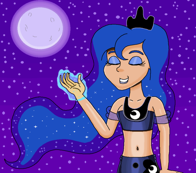 Size: 873x770 | Tagged: safe, artist:ocean lover, derpibooru import, princess luna, human, adorasexy, bare midriff, bare shoulders, beautiful, beautisexy, belly, belly button, blue eyeshadow, blue lipstick, clothes, crown, curvy, cute, elegant, ethereal hair, eyelashes, eyes closed, eyeshadow, hourglass figure, human coloration, humanized, image, jewelry, lips, lipstick, magic, magic aura, makeup, midriff, moon, ms paint, night, night sky, outdoors, peytral, png, pretty, princess of the night, purple sky, raising the moon, regalia, sexy, sky, sleeveless, smiling, species swap, starry hair, starry night, stars, stupid sexy princess luna, telekinesis, wavy hair