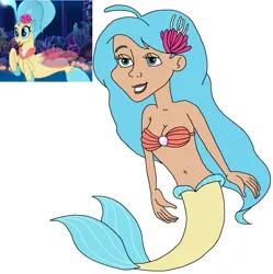 Size: 963x965 | Tagged: safe, artist:ocean lover, derpibooru import, princess skystar, human, mermaid, seapony (g4), my little pony: the movie, beautiful, belly button, blue eyes, blue hair, bra, breasts, cheerful, cleavage, clothes, curvy, cute, fins, fish tail, flower, flower in hair, freckles, hourglass figure, human coloration, humanized, image, jewelry, lidded eyes, lips, long hair, looking at someone, mermaid princess, mermaid tail, mermaidized, midriff, ms paint, pearl, png, reference, reference sheet, seaquestria, seashell, seashell bra, simple background, skyabetes, smiling, species swap, tail, underwear, white background