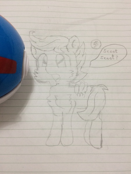 Size: 2448x3264 | Tagged: safe, artist:sweetsterty, derpibooru import, scootaloo, pegasus, pony, cheek fluff, chest fluff, cute, cutealoo, drawing, female, image, irl, jpeg, lined paper, photo, poké ball, pokémon, scootachicken, silly, traditional art