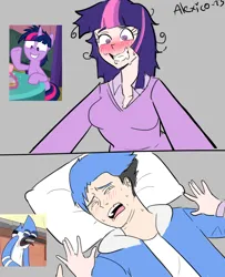 Size: 1300x1600 | Tagged: suggestive, artist:alexicoreborn, derpibooru import, twilight sparkle, alicorn, bird, blue jay, human, pony, a trivial pursuit, blushing, crossover, crossover shipping, female, gray background, humanized, image, imminent sex, insanity, jpeg, male, messy hair, messy mane, mordecai, mordetwi, pillow, pinned down, regular show, shipping, signature, simple background, straight, sweat