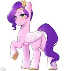 Size: 1900x2048 | Tagged: safe, artist:xiaowu07, derpibooru import, pipp petals, pegasus, pony, g5, butt, female, image, jewelry, looking at you, mare, pipp butt, png, signature, simple background, smiling, solo, white background