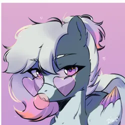 Size: 2300x2300 | Tagged: safe, artist:piwo, derpibooru import, oc, unofficial characters only, pegasus, pony, bubble, bubblegum, colored, commission, cool, eyelashes, food, glasses, gum, heart, image, looking at you, pegasus oc, pink background, pink eyes, png, shading, simple background, sketch, tail, wings, ych result, your character here