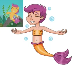 Size: 993x885 | Tagged: safe, artist:ocean lover, derpibooru import, scootaloo, human, mermaid, seapony (g4), season 8, surf and/or turf, spoiler:s08, arms in the air, bandeau, bare midriff, bare shoulders, belly, belly button, boulder, bubble, child, clothes, cute, cutealoo, excited, excitement, eyes closed, fins, fish tail, happy, human coloration, humanized, image, kelp, leaves, mermaid lovers, mermaid tail, mermaidized, midriff, moderate dark skin, ms paint, ocean, png, purple hair, reference, reference sheet, rock, seaponified, seapony scootaloo, seaweed, short hair, simple background, sleeveless, smiling, species swap, tail, tomboy, underwater, water, white background