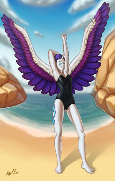 Size: 828x1299 | Tagged: safe, artist:grayspacecat, derpibooru import, rarity, alicorn, human, alicornified, beach, bunny suit, clothes, cloud, eyes closed, horn, horned humanization, humanized, image, jpeg, leotard, ocean, one-piece swimsuit, race swap, raricorn, spread wings, stretching, swimsuit, water, winged humanization, wings