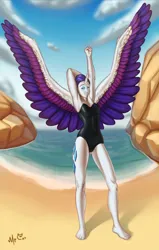 Size: 828x1299 | Tagged: safe, artist:grayspacecat, derpibooru import, rarity, alicorn, human, alicornified, beach, bunny suit, clothes, cloud, eyes closed, horn, horned humanization, humanized, image, jpeg, leotard, ocean, one-piece swimsuit, race swap, raricorn, spread wings, stretching, swimsuit, water, winged humanization, wings