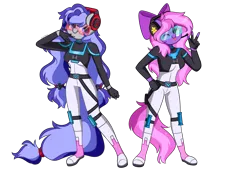 Size: 6171x4200 | Tagged: safe, artist:kittyrosie, derpibooru import, oc, oc:cinnabyte, oc:lillybit, unofficial characters only, anthro, pony, clothes, commission, cosplay, costume, duo, image, overwatch, png, simple background, tongue out, transparent background