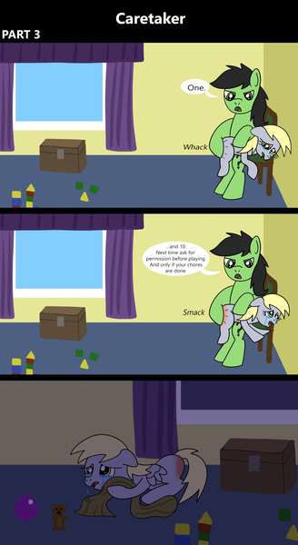 Size: 1920x3516 | Tagged: semi-grimdark, artist:platinumdrop, derpibooru import, derpy hooves, oc, oc:anon, oc:anon stallion, pegasus, pony, comic:caretaker, 3 panel comic, abuse, alone, angry, ball, bedroom, blanket, blocks, box, bubble wand, butt, caretaker, chair, comic, commission, crying, cuddling, derpybuse, disciplinary action, discipline, domestic abuse, drool, female, filly, filly derpy, flank, floppy ears, foal, foal abuse, image, lying down, messy room, onomatopoeia, over the knee, plushie, png, punishment, reddened butt, sad, sitting, snot, sore, sound effects, spank mark, spanking, speech, speech bubble, stern, talking, tears of pain, toy, window, wings, wings down, younger