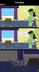 Size: 1920x3516 | Tagged: semi-grimdark, artist:platinumdrop, derpibooru import, derpy hooves, oc, oc:anon, oc:anon stallion, pegasus, pony, comic:caretaker, 3 panel comic, abuse, alone, angry, ball, bedroom, blanket, blocks, box, bubble wand, butt, caretaker, chair, comic, commission, crying, cuddling, derpybuse, disciplinary action, discipline, domestic abuse, drool, female, filly, filly derpy, flank, floppy ears, foal, foal abuse, image, lying down, messy room, onomatopoeia, over the knee, plushie, png, punishment, reddened butt, sad, sitting, snot, sore, sound effects, spank mark, spanking, speech, speech bubble, stern, talking, tears of pain, toy, window, wings, wings down, younger
