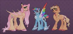 Size: 979x466 | Tagged: safe, artist:godisgayfightme, applejack, fluttershy, rainbow dash, bat pony, earth pony, pegasus, pony, alternate cutie mark, alternate design, bat ponified, bat wings, chest fluff, cloud coat pattern, coat markings, colored hooves, colored wings, curly hair, ear piercing, fangs, feathered fetlocks, female, gradient mane, height difference, image, jpeg, mare, multicolored wings, piercing, purple background, race swap, rainbow wings, redesign, short hair, simple background, smiling, sparkly mane, trio, trio female, twitterina design, unshorn fetlocks, whore lips, wings
