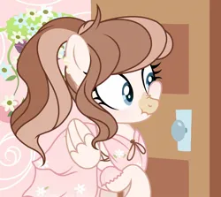 Size: 1212x1080 | Tagged: safe, artist:cstrawberrymilk, derpibooru import, oc, oc:strawberry milk, unofficial characters only, pegasus, pony, clothes, door, dress, female, flower, image, jpeg, leaning, nose wrinkle, ponytail, scrunchy face, solo