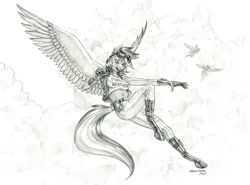Size: 1400x1037 | Tagged: safe, artist:baron engel, derpibooru import, rainbow dash, anthro, pegasus, unguligrade anthro, abs, background pony, belly, cloud, female, image, jpeg, midriff, monochrome, pencil drawing, slim, spread wings, thin, traditional art, wings