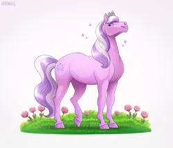 Size: 2077x1774 | Tagged: safe, artist:jenery, derpibooru import, diamond tiara, earth pony, pony, female, flower, g4, grass, hoers, image, looking at you, mare, older, older diamond tiara, png, rose, signature, solo